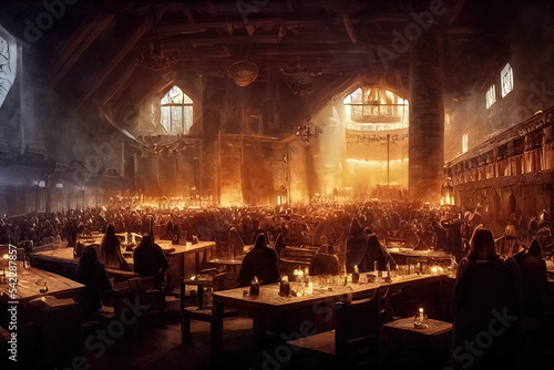 Fototapeta Concept art featuring the hall of god Odin in Asgard where Viking heroes are feasting, drinking ale and celebrating