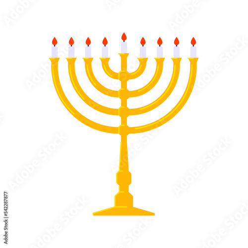 Golden Hanukkah menorah candelabrum with nine branched candles flat style vector illustration