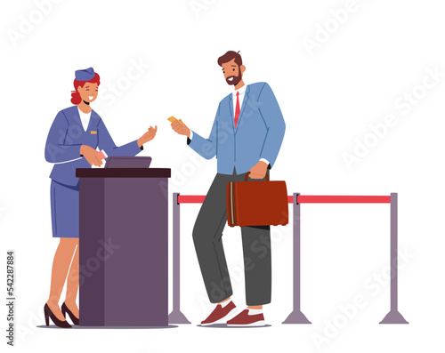 Passenger With Bag Gives Document And Avia Ticket For Flight Registration To Friendly Staff In Airport Isolated On White