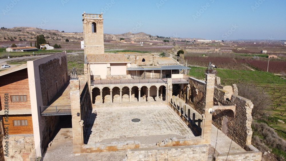 Aerial view of ruins of medieval monastery of Our Lady of Angels of Avinganya, Seros, Catalonia, Spain..