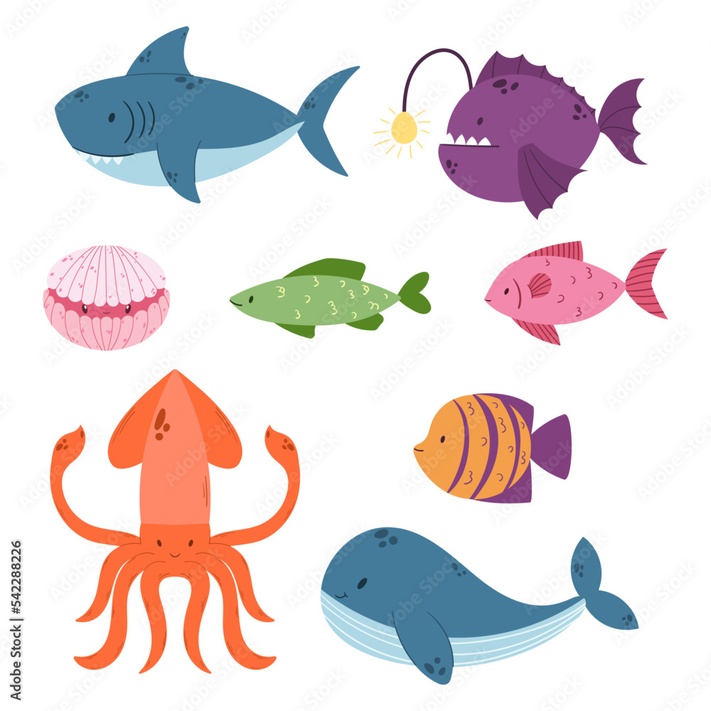 Naklejka premium Set Of Underwater Animals Shark, Anglerfish And Shell. Blue Whale, Squid And Angel Fish Sea Characters Isolated On White