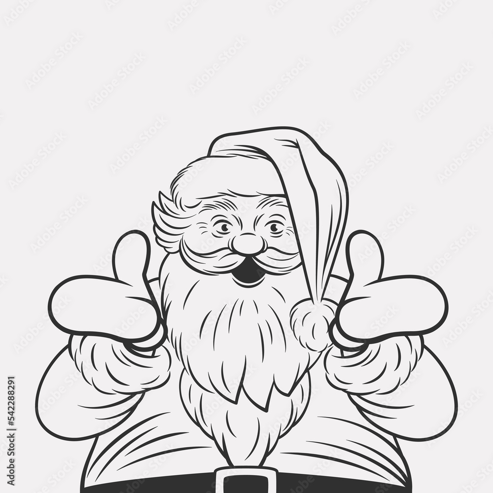 Vector Black and White Happy Santa Claus in Retro Cartoon Comic Style with Outline. Confused, Inquiring, Telling, Asking Santa Character. Design Template for Christmas, New Year Holiday Greeting Cards Vector Black and White Happy Santa Claus in Retro Cartoon Comic Style with Outline. Confused, Inquiring, Telling, Asking Santa Character. Design Template for Christmas, New Year Holiday Greeting Cards