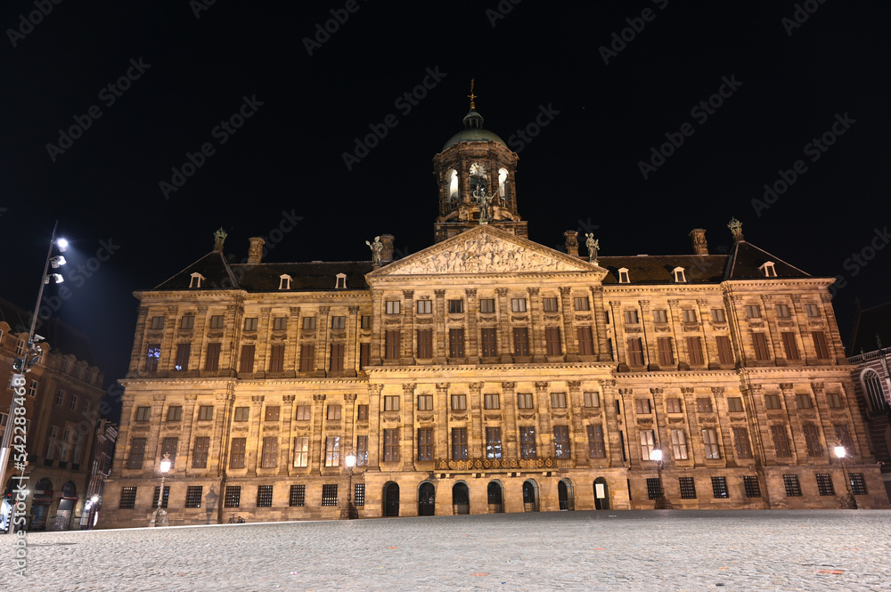 Amsterdam, Netherlands: Royal Palace. Main square in city centre at night. Dam Square.