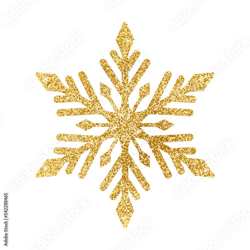 Gold glitter texture snowflake isolated on white background. Vector illustration.