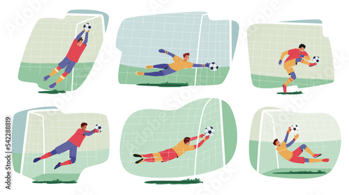 Set of Goalkeeper Jumping and Catching Ball, Goalee Defend Gates in Soccer Tournament. Goalie Male Characters in Uniform