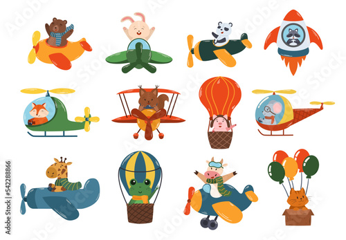Set Animals Flying On Airplane, Rocket, Helicopter And Air Balloon. Cute Bear, Bunny, Panda And Raccoon, Fox, Squirrel