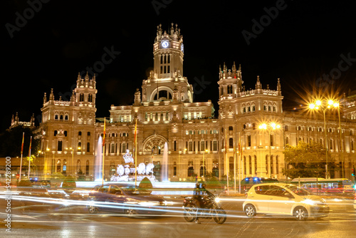 The Cibeles Palace at night in the city of Madrid, Spain