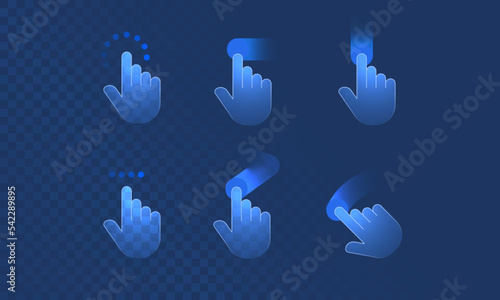 Touch effect of hand gesture in digital futuristic style on transparent background. Neon icon of hand movement on the touch screen. Vector illustration of swipe here icon in neon light effect.