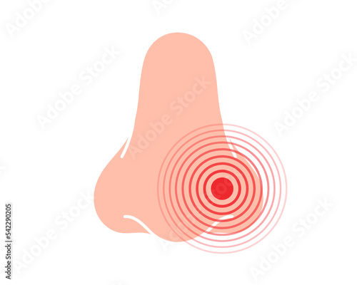 Human nose pain symbol. Nose ache icon. Vector illustration. Human body ache pain dot