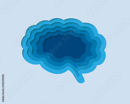 Brain 3d symbol in paper cut style. Neural network, IQ testing, artificial intelligence design. Organ anatomy cut out of paper banner.