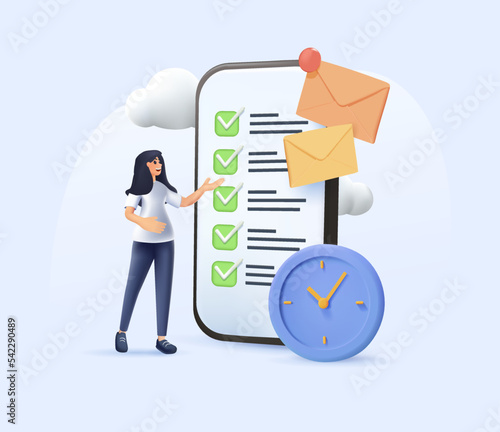 3D Business management illustration. Businesswoman planning work tasks, managing inbox emails, making schedule using calendar. Time, schedule and email management. 3D render Vector illustration