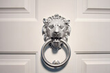 Head of a lion in silver color for knocking on a white door. Knocker in the form of a muzzle of a lion with a ring, close-up