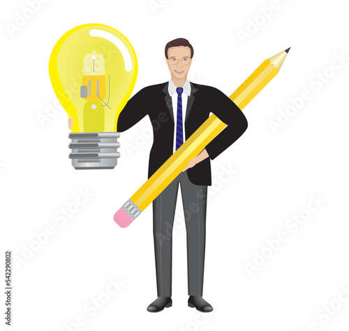 Man with big light bulb and pencil. Isolated on white. Vector illustration.