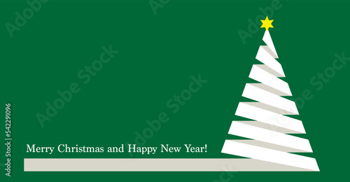 Weihnachtsbaum, Tannenbaum, Christbaum aus Schleife in grün weiß,
Weihnachtskarte mit Wünsche in englisch,
Vektor Illustration isoliert auf weißem Hintergrund
