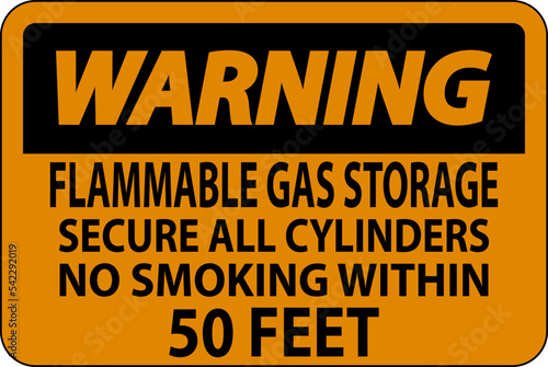 Warning Sign Flammable Gas Storage, Secure All Cylinders, No Smoking Within 50 Feet
