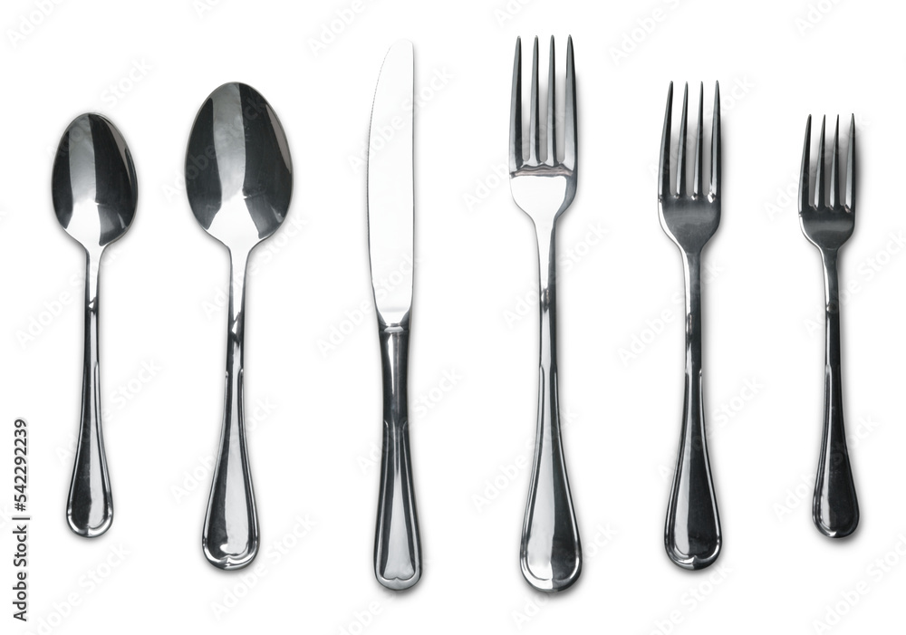 Cutlery set with Forks, knife and Spoon isolated on white background Cutlery set with Forks, knife and Spoon isolated on white background