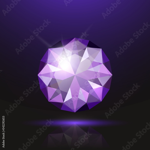 Vector 3d Realistic Purple Transparent Round Glowing Gemstone, Diamond, Crystal, Rhinestone Closeup on Black Background. Jewerly Concept. Design Template, Banner