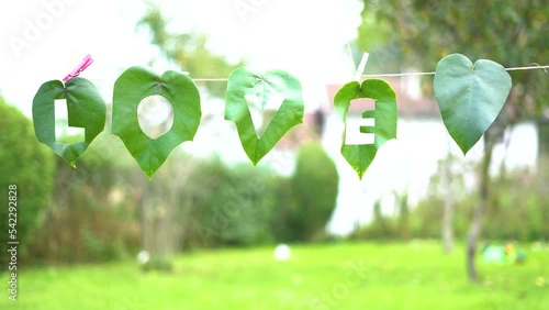 Creative love concept with letters cut on leaves hanging on a rope on a windy day photo