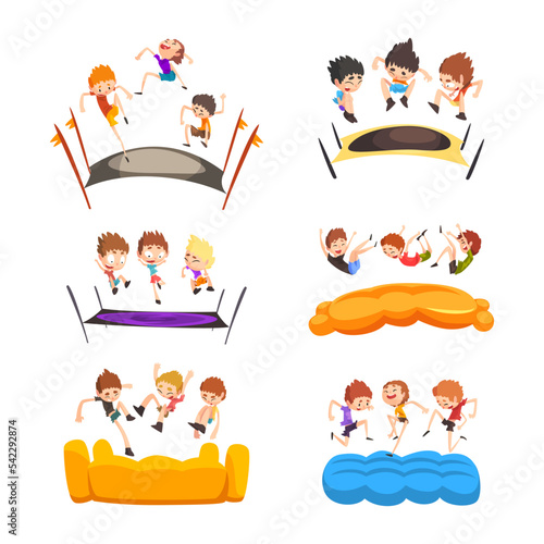 Excited Boy Jumping on Trampoline Bouncing and Having Fun Vector Set