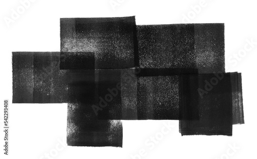 Geometric composition made of textured lino ink remains. Black and white artistic text background. Linocut, relief printing paint roller stains, textured transparent rectangles. Linocutting texture.