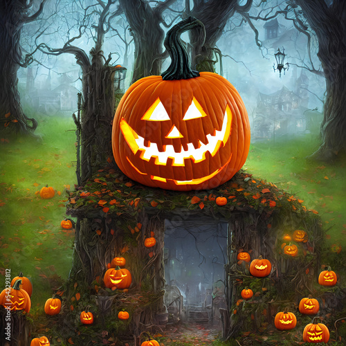 Wallpaper Mural An Illustration of an old haunted house and a pumpkin jack-o'-lantern in front of it surrounded many by trees in a dark forest Torontodigital.ca