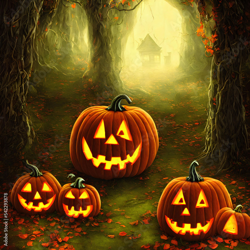 Wallpaper Mural An Illustration of an old haunted house and a pumpkin jack-o'-lantern in front of it surrounded many by trees in a dark forest Torontodigital.ca