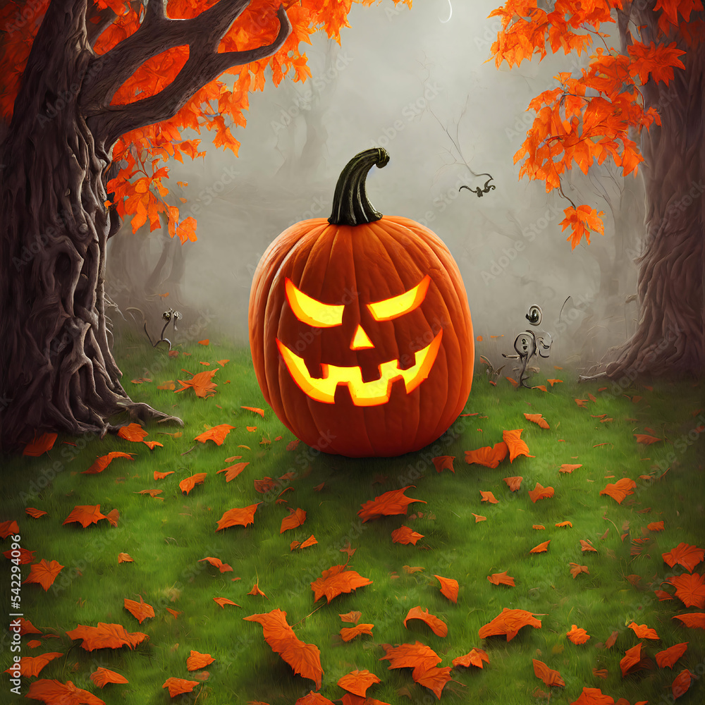 custom made wallpaper toronto digitalAn Illustration of a pumpkin jack-o'-lantern in a dark forest