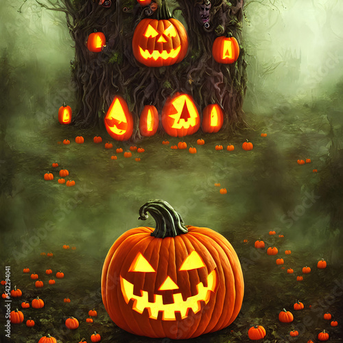 Wallpaper Mural An Illustration of a pumpkin jack-o'-lantern in a dark forest Torontodigital.ca