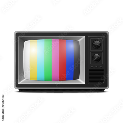 Vector 3d Realistic Retro Striped Screen TV Receiver Isolated on White Background. Home Interior Design Concept. Vintage TV Set, Television, Front View