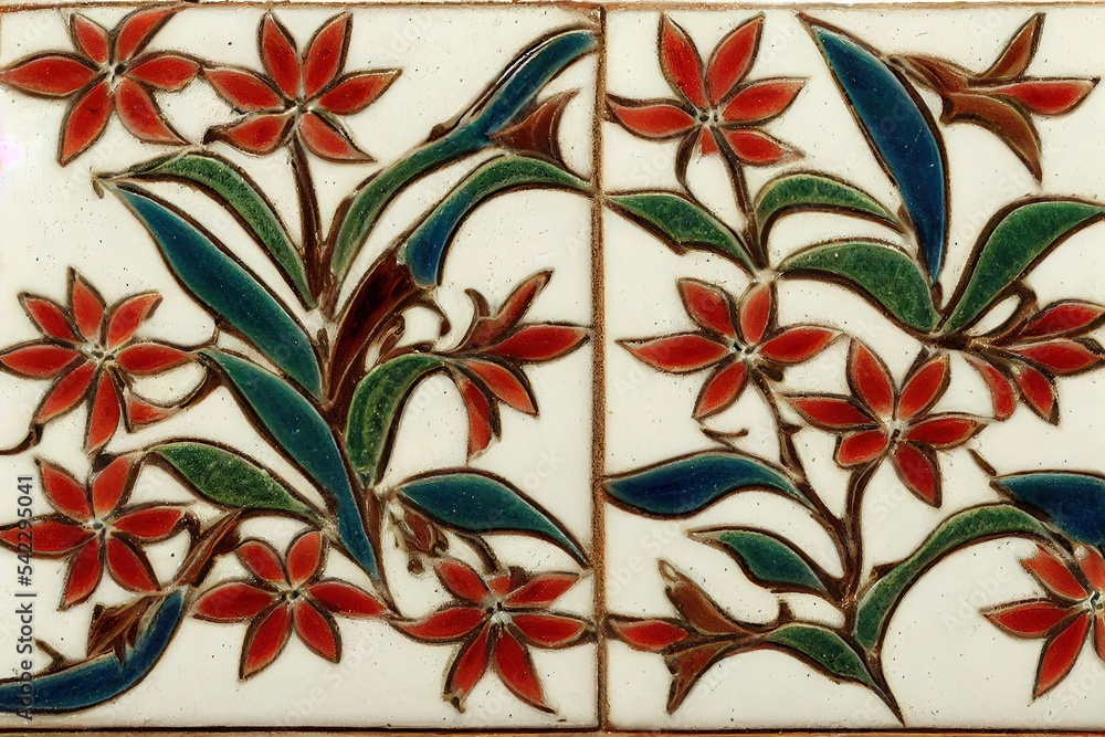Sicilian Majolica Tile with Red Flowers, Leafy Foliage, and Fancy Flourishes