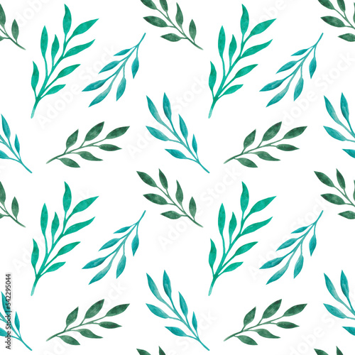 watercolor seamless pattern with dry green  blue leaves. For printing on paper  packaging  textiles  banners  brochures. Template for design. Rustic  botanical style. Leaf fall  autumn and spring.