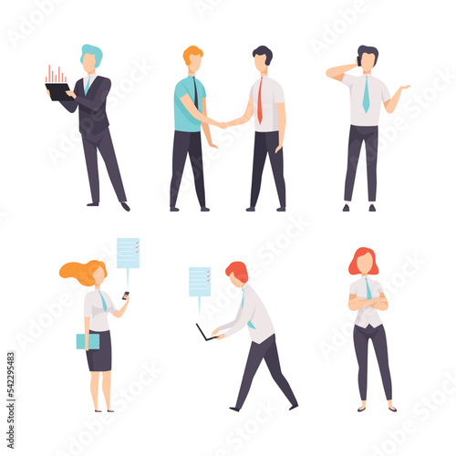 Business People Characters and Office Employee in Formal Wear Working Engaged in Daily Activity Vector Set