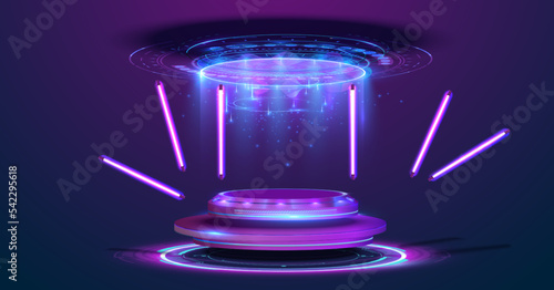 Circle portals, teleport, hologram gadget. Blank display, stage or magic portal, podium for show product in futuristic cyberpunk style. Sky-fi digital hi-tech fui elements for presentation product.