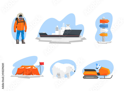 Arctic Exploration and Polar Expedition with Man, Ship, Snowmobile and Polar Bear Vector Set