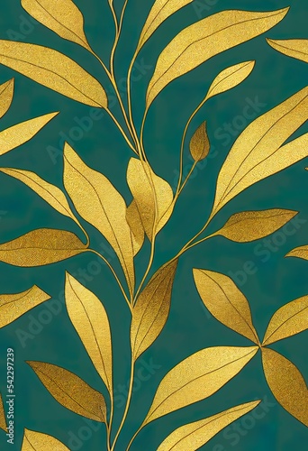 digital textile design motif botanical flower green leaves gold ornament geometric border seamless beautiful bunch