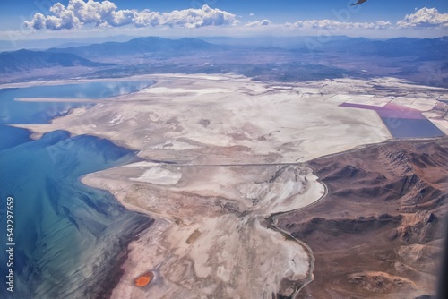 Fototapeta Naklejka Na Ścianę i Meble -  Great Salt Lake, Aerial views of the lake and surrounding landscape. Salt Lake City, Utah, America.