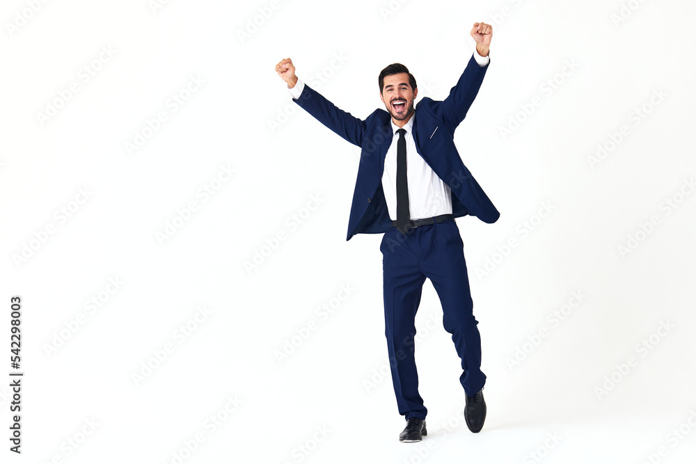 Man business smile with teeth in costume running and jumping flying up open mouth happiness and surprise full-length on white isolated background copy space 