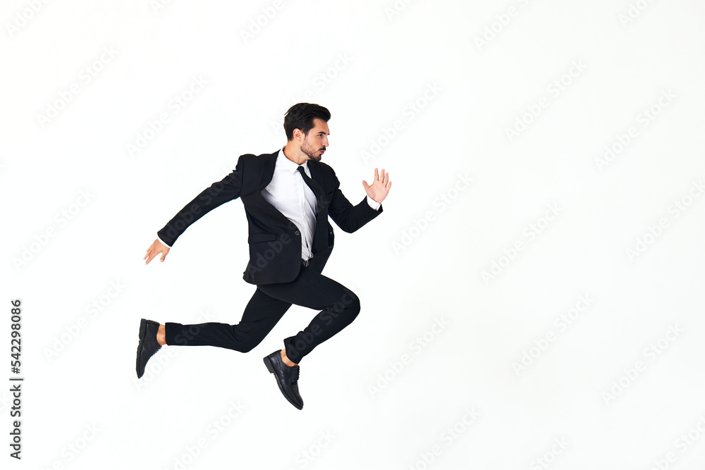 Man business smile with teeth in costume running and jumping up full-length on white isolated background copy space 