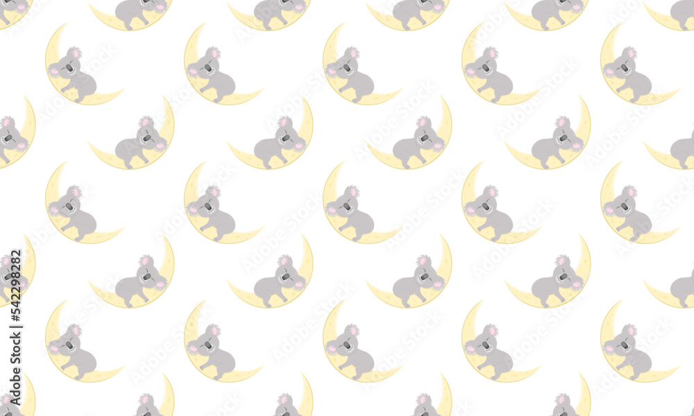 Cute koala sleeping on Moon background. Australian bear character seamless pattern. Baby bedclothes, clothes, scrapbooking or wrapping paper, fabric kids design. Vector cartoon illustration