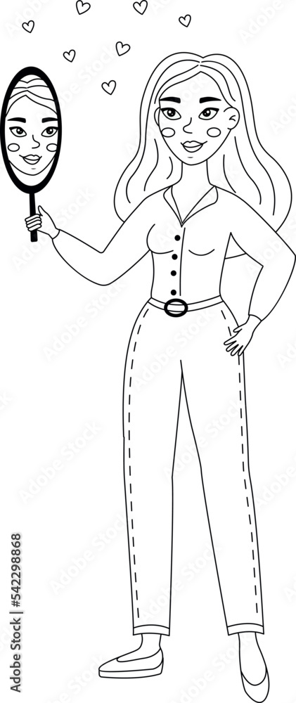 A hand-drawn vector illustration of a young woman looking lovingly at her reflection in the mirror. Cartoon flat style. Black and white illustration. A hand-drawn vector illustration of a young woman looking lovingly at her reflection in the mirror. Cartoon flat style. Black and white illustration.