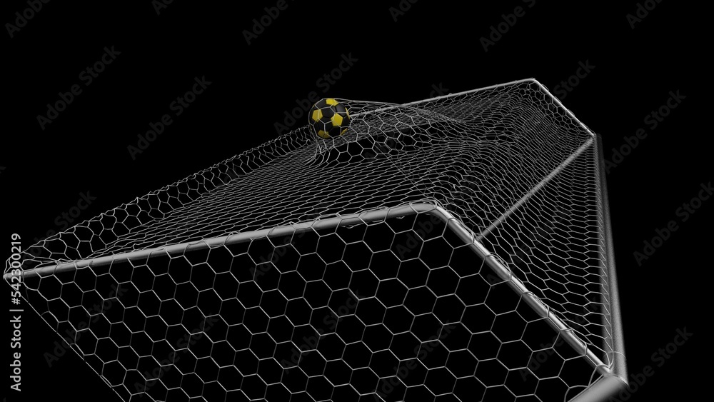 Yellow-Black Soccer Ball in the Goal Net under black-white background. 3D illustration. 3D CG. 3D Rendering. High resolution. Yellow-Black Soccer Ball in the Goal Net under black-white background. 3D illustration. 3D CG. 3D Rendering. High resolution.