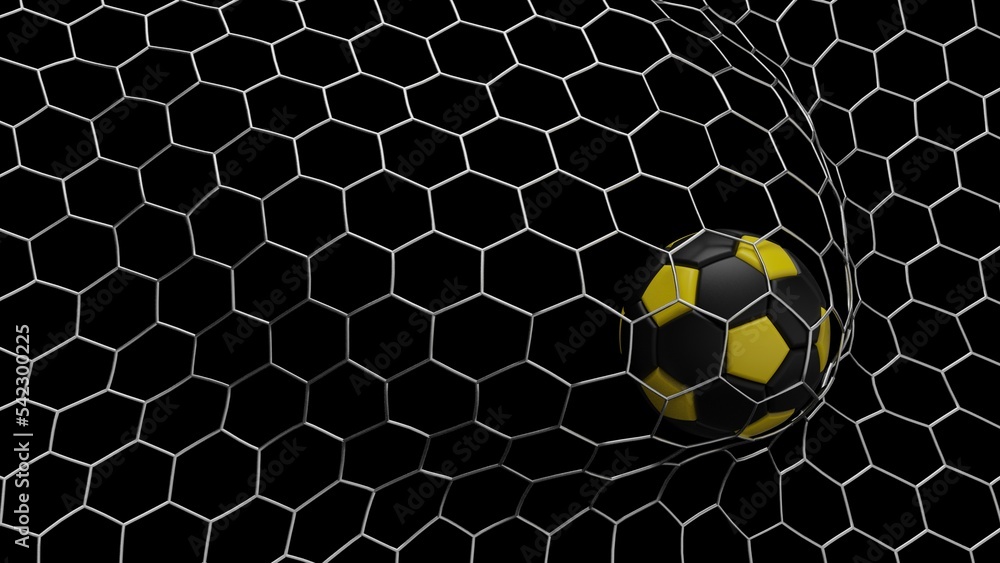 Obraz premium Yellow-Black Soccer Ball in the Goal Net under black-white background. 3D illustration. 3D CG. 3D Rendering. High resolution.