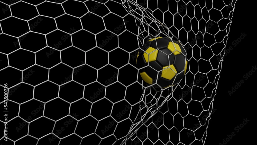 Obraz premium Yellow-Black Soccer Ball in the Goal Net under black-white background. 3D illustration. 3D CG. 3D Rendering. High resolution.