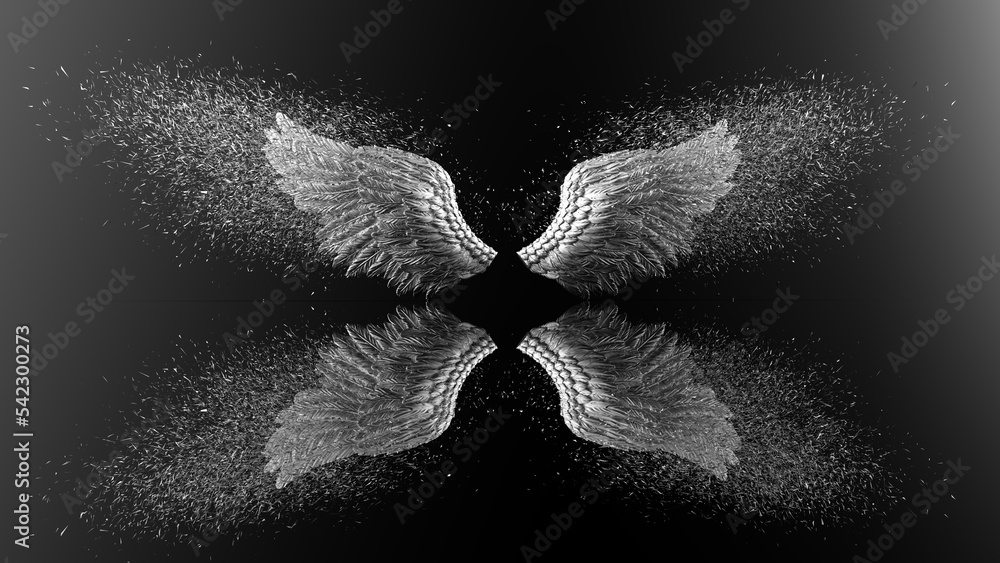 Fototapeta premium Metallic silver wings with silver particles under black-white lighting background. Concept 3D CG of free activity, decision without regret and strategic action.