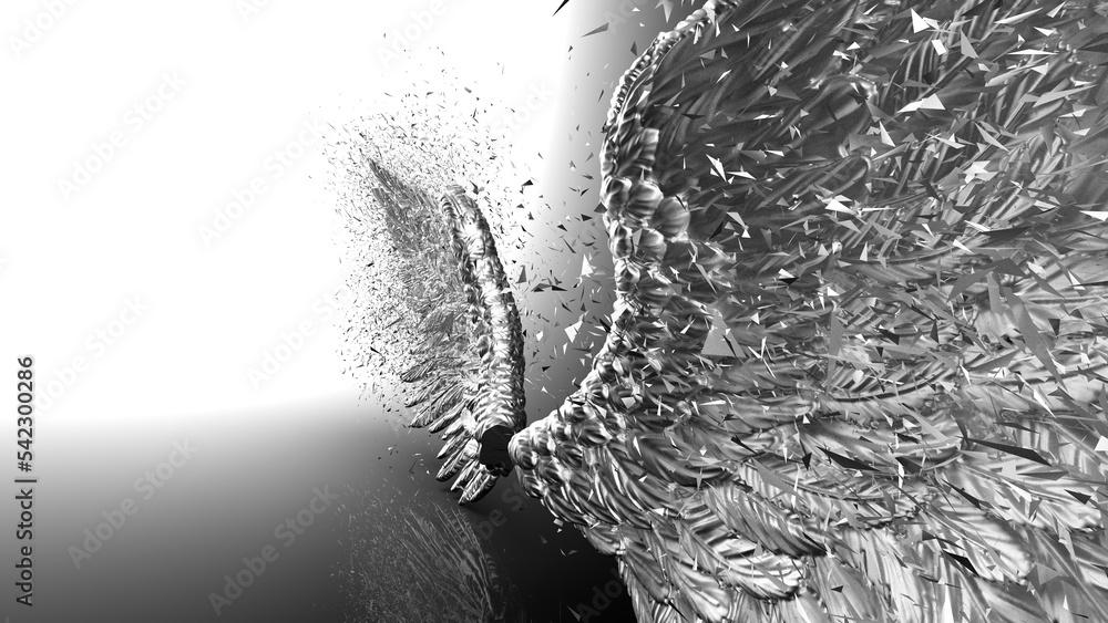 Naklejka premium Metallic silver wings with silver particles under black-white lighting background. Concept 3D CG of free activity, decision without regret and strategic action.