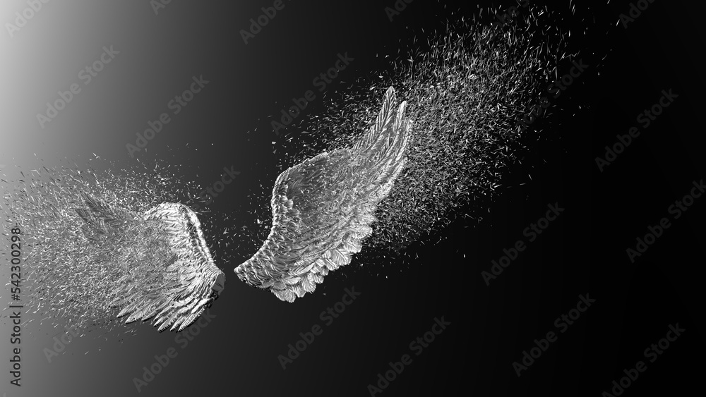 Obraz premium Metallic silver wings with silver particles under black-white lighting background. Concept 3D CG of free activity, decision without regret and strategic action.