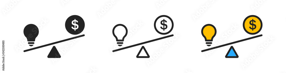 Lightbulb ideas and money on scales outline icon on white background. Great idea, innovation. Crisis of energy in Ukraine. Save energy concept. Cost electricity rising symbol. Lightbulb ideas and money on scales outline icon on white background. Great idea, innovation. Crisis of energy in Ukraine. Save energy concept. Cost electricity rising symbol.
