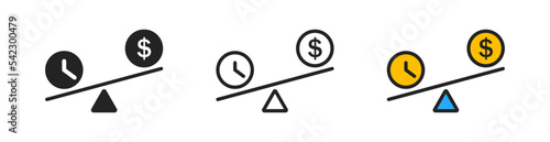 Time is money on scales icon on white background. Money and time balance concept. Dollar and clock signs. Time is more valuable symbol.