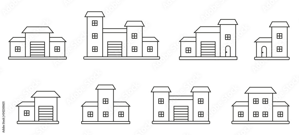 Houses exterior front view black line icon set. Coloring book page with residential townhouse building apartment. Home facade with doors and windows. Various shape urban suburban town house cottage Houses exterior front view black line icon set. Coloring book page with residential townhouse building apartment. Home facade with doors and windows. Various shape urban suburban town house cottage