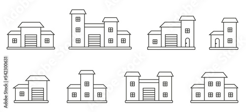 Houses exterior front view black line icon set. Coloring book page with residential townhouse building apartment. Home facade with doors and windows. Various shape urban suburban town house cottage